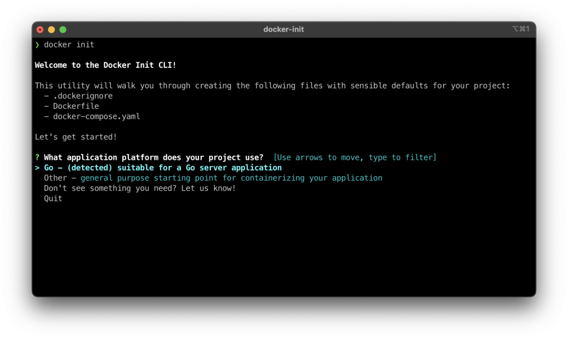 A screenshot of the output for beta command 'docker init' with welcome to the docker init cli! Displayed