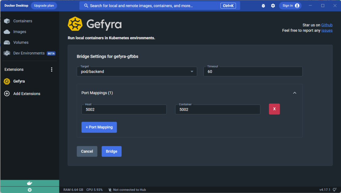 Screenshot of gefyra interface showing bridge settings.