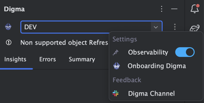 Screenshot of digma dialog box with observability toggle switch enabled (in blue).