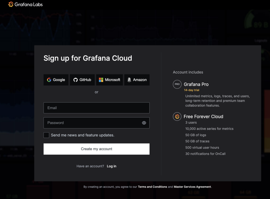 Screenshot of grafana cloud sign-up page.