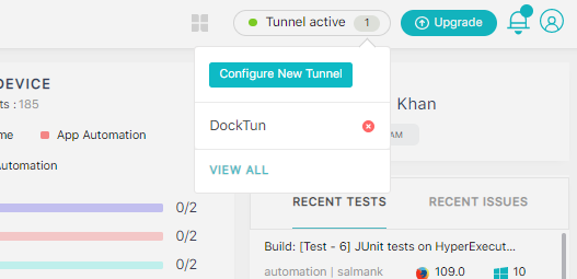 Screenshot of new active tunnel in lambdatest dashboard.