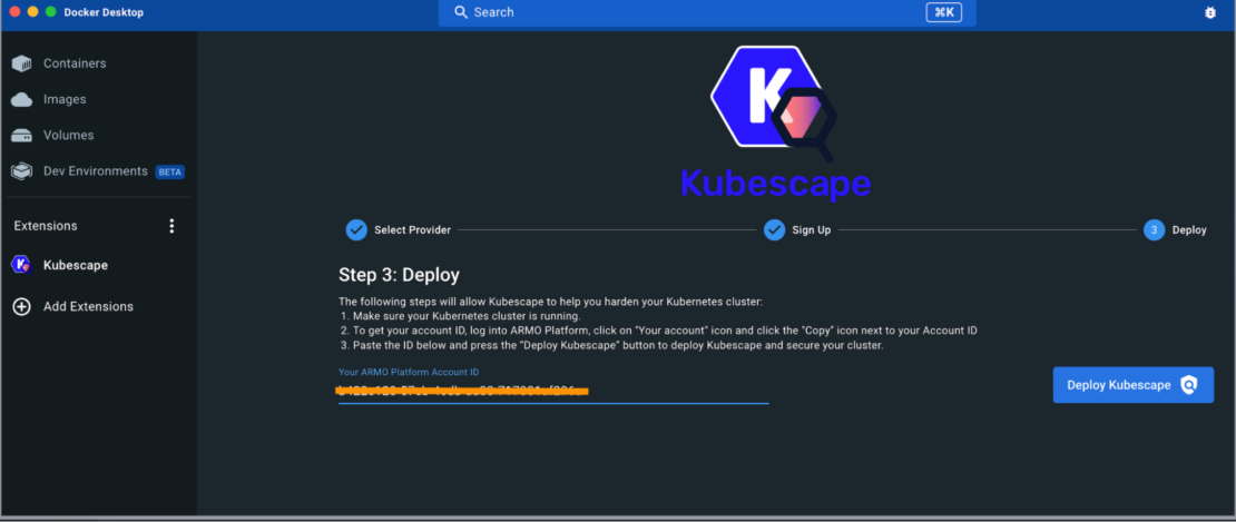 Step four register deploy kubescape connect armo account
