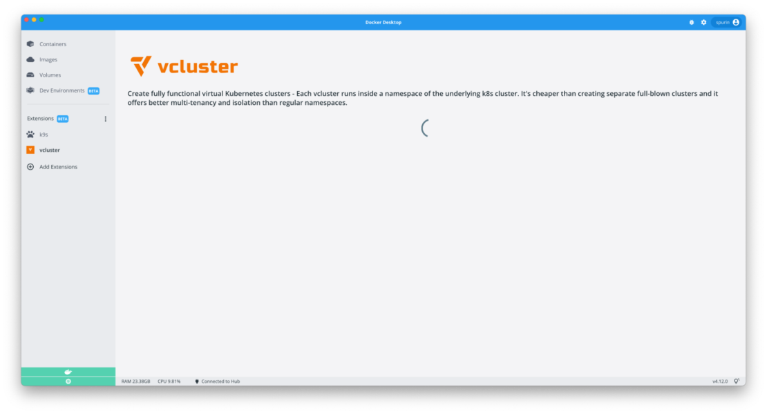 Docker desktop vcluster extension pane displaying loading screen as it searches for a running kubernetes service.