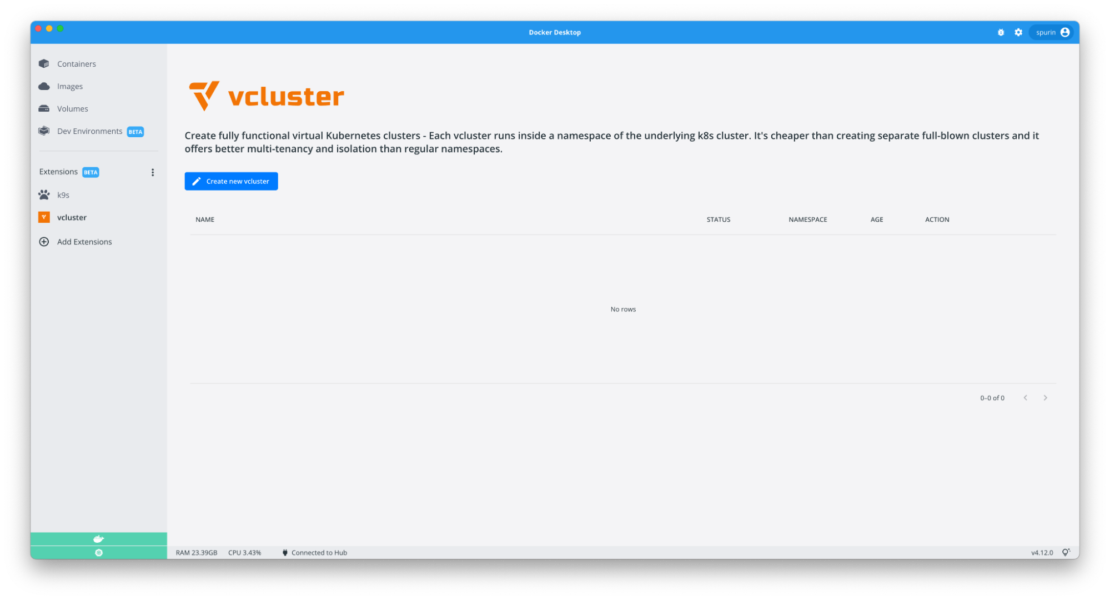 Docker desktop vcluster extension pane displaying a list of any running kubernetes services.